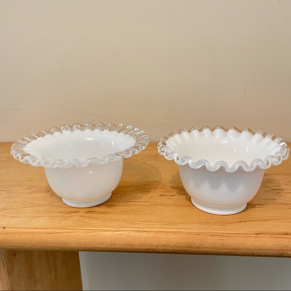 Lot of 2 Vintage Fenton Glass Ruffled Silver Crest Flared sherbet bowl white